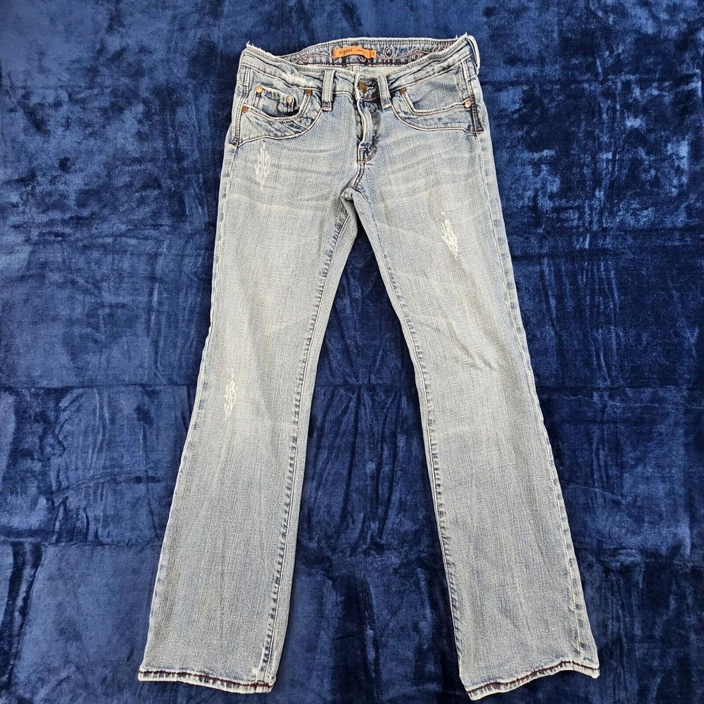 Vigoss Jeans Women's 5 Blue Denim Low Rise Thick‎ Stitch Distressed Bootcut